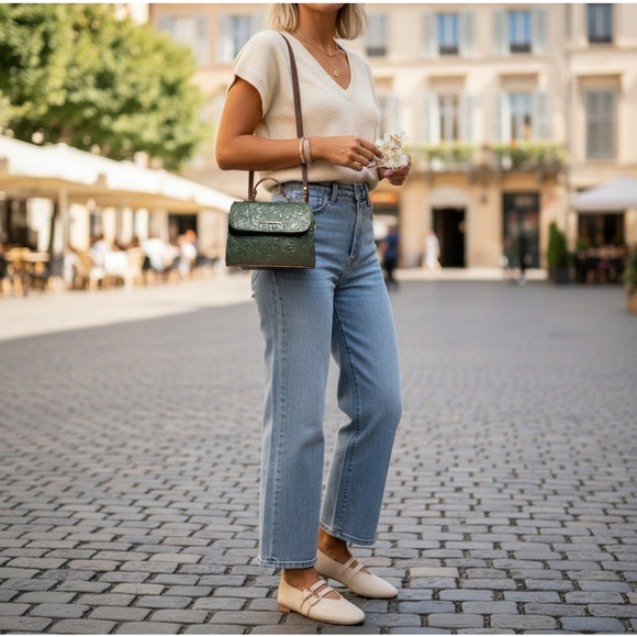 Dark Forest Green Sunflower Embossed Tooled Artisan LEATHER Crossbody Bag Purse - Picture 5 of 16
